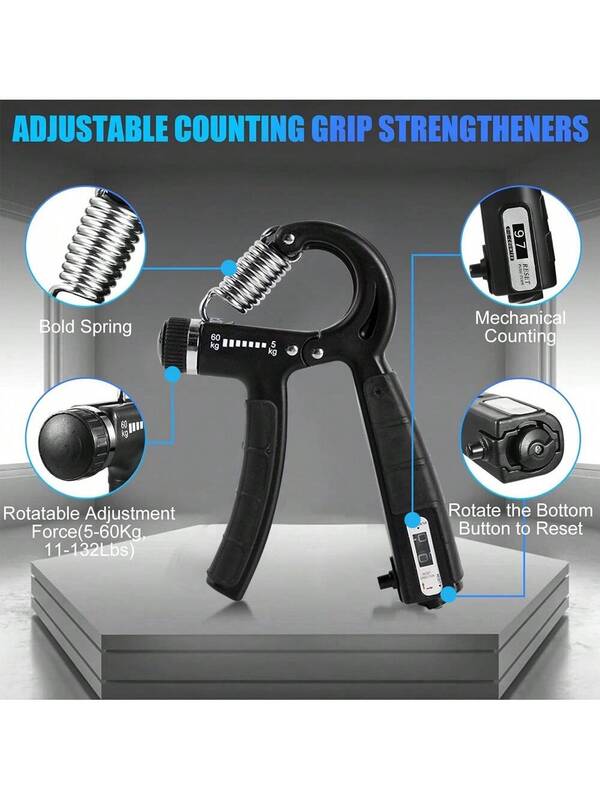 Grip Strength Trainer Kit with Counter 5-in-1 – Adjustable Hand Grip Strengthener, Finger Exerciser, Grip Ring, Stress Ball & Carry Bag