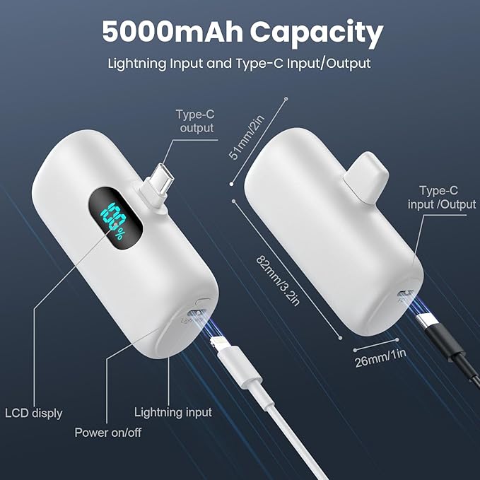 5000mAh Mini Portable Power Bank – USB-C PD 3A Fast Charging, LCD Display Battery Pack Compatible With IPhone & Android – Slim Travel Charger