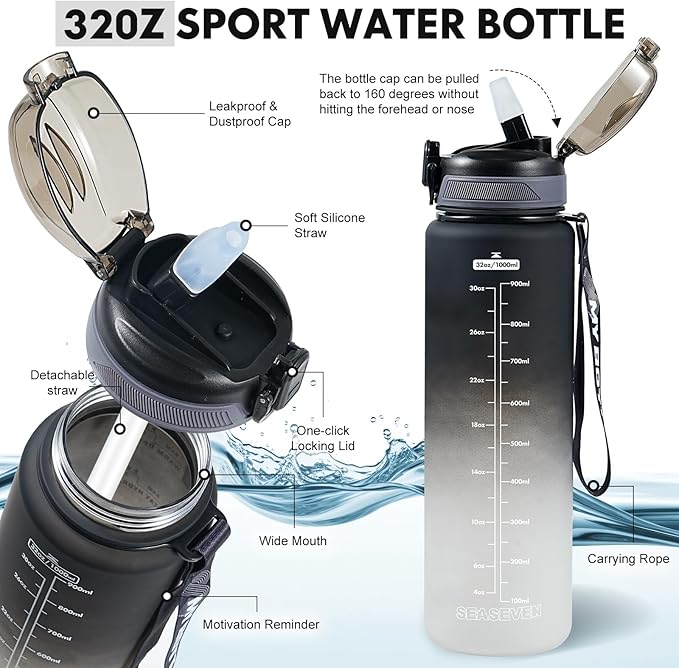 "SEASEVEN 1L Sports Water Bottle + Disney 600ml Kids Bottle | Leak-Proof, BPA-Free, Straw Design – Perfect for Gym, School, Office & Outdoor"