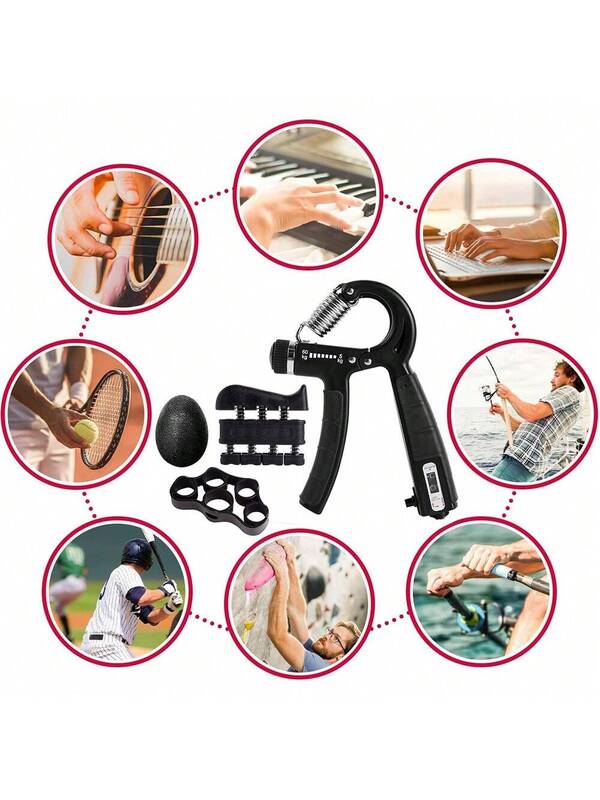 Grip Strength Trainer Kit with Counter 5-in-1 – Adjustable Hand Grip Strengthener, Finger Exerciser, Grip Ring, Stress Ball & Carry Bag