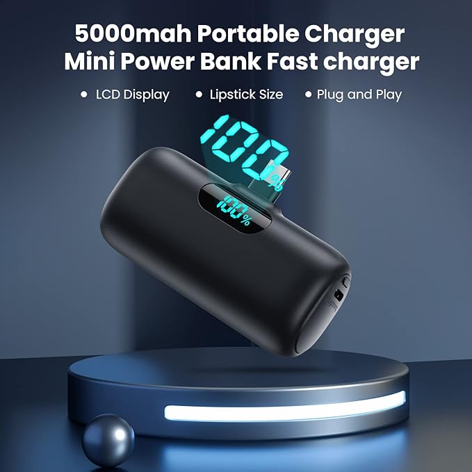 5000mAh Mini Portable Power Bank – USB-C PD 3A Fast Charging, LCD Display Battery Pack Compatible With IPhone & Android – Slim Travel Charger