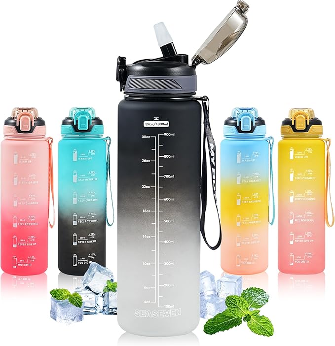 "SEASEVEN 1L Sports Water Bottle + Disney 600ml Kids Bottle | Leak-Proof, BPA-Free, Straw Design – Perfect for Gym, School, Office & Outdoor"