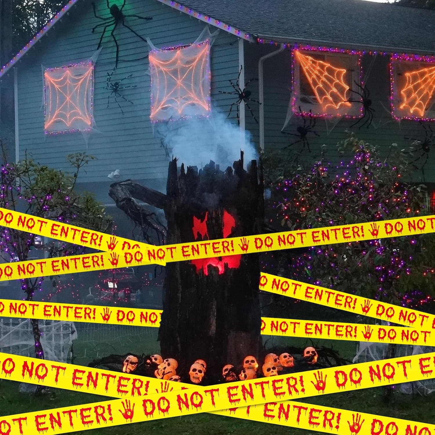 Halloween Decoration Combo Pack – Caution Tape (25m) + Inflatable Pumpkin (35cm)