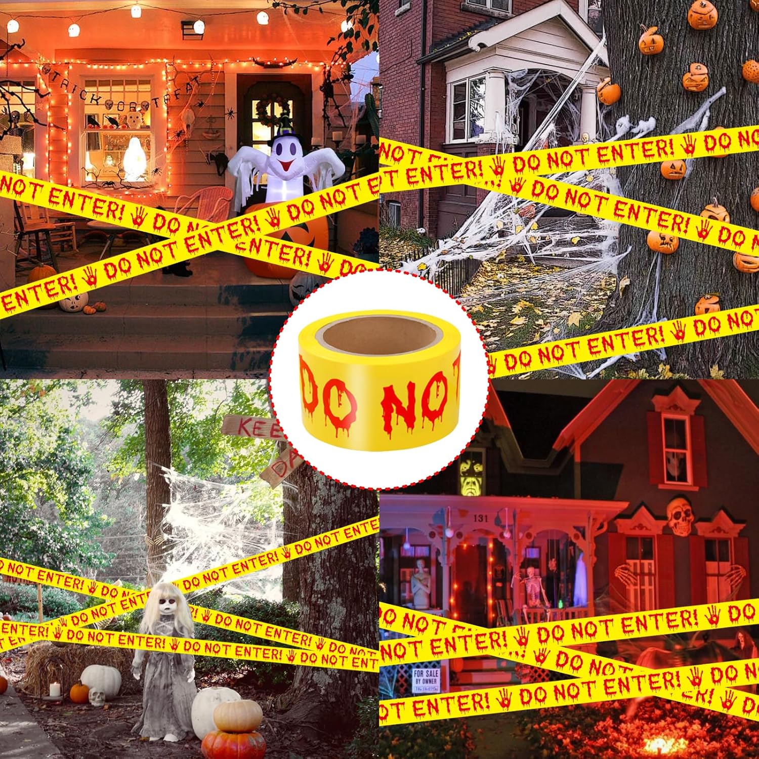 Halloween Decoration Combo Pack – Caution Tape (25m) + Inflatable Pumpkin (35cm)