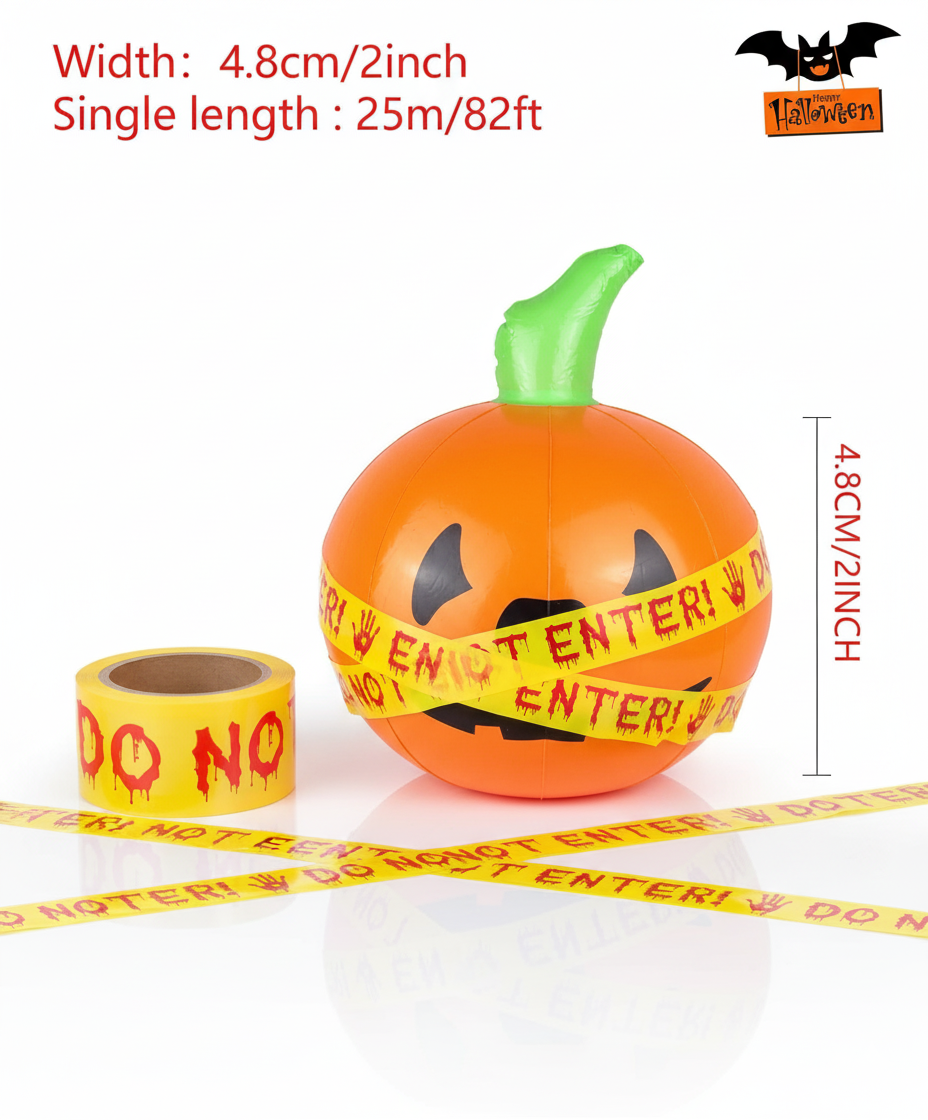 Halloween Decoration Combo Pack – Caution Tape (25m) + Inflatable Pumpkin (35cm)