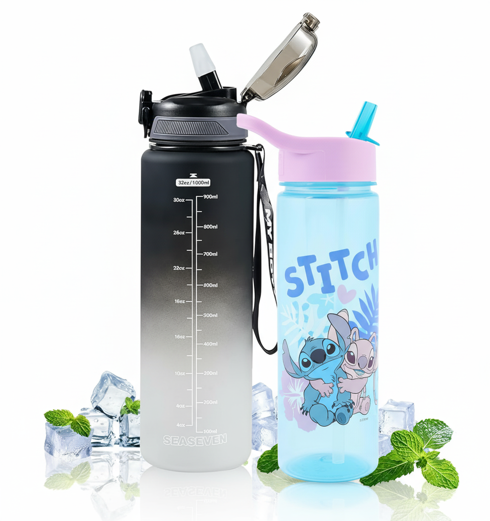 "SEASEVEN 1L Sports Water Bottle + Disney 600ml Kids Bottle | Leak-Proof, BPA-Free, Straw Design – Perfect for Gym, School, Office & Outdoor"